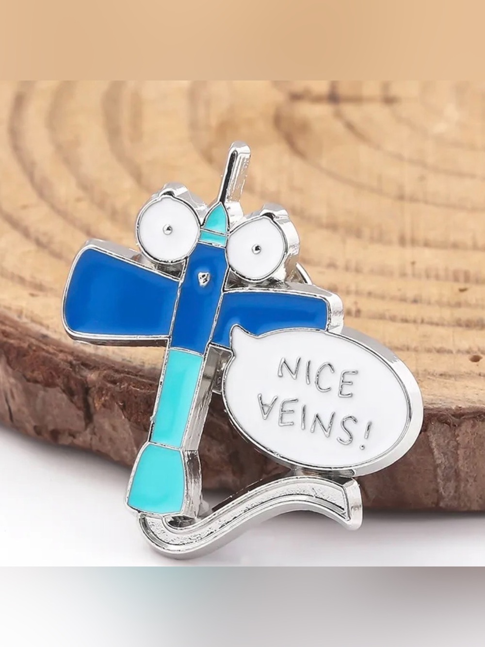 Blue & Teal Enamel Medical Fly Pin - 'Nice Veins!'